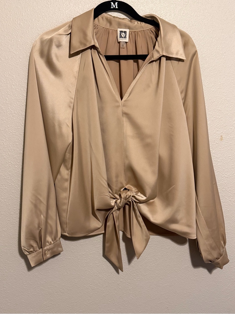 Anne Klein Champagne Gold Tie-Front Satin Blouse